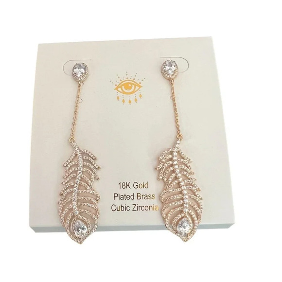 Eye Candy Los Angeles 18K Gold Plated CZ Peacock Feather Drop Earrings - Picture 1 of 6